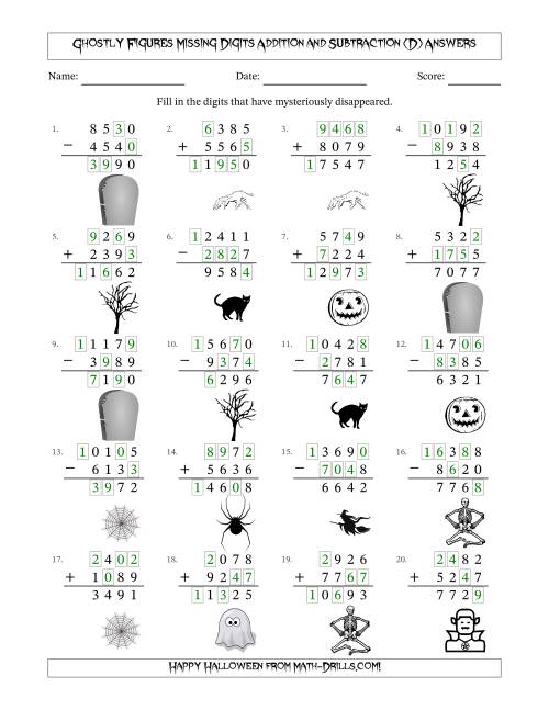 The Ghostly Figures Missing Digits Addition and Subtraction (Harder Version) (D) Math Worksheet Page 2