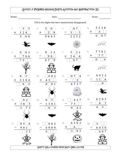 The Ghostly Figures Missing Digits Addition and Subtraction (Harder Version) (E) Math Worksheet