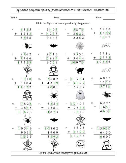 The Ghostly Figures Missing Digits Addition and Subtraction (Harder Version) (E) Math Worksheet Page 2