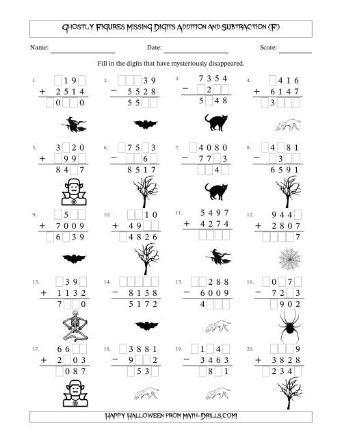 The Ghostly Figures Missing Digits Addition and Subtraction (Harder Version) (F) Math Worksheet