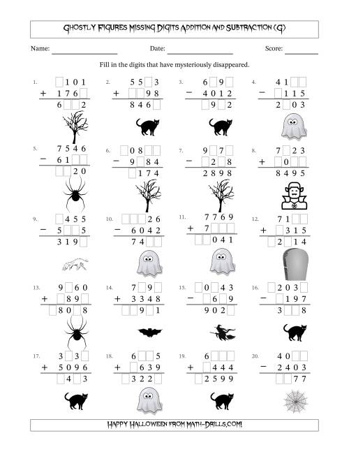 The Ghostly Figures Missing Digits Addition and Subtraction (Harder Version) (G) Math Worksheet