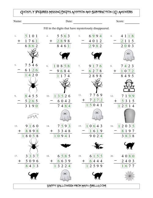 The Ghostly Figures Missing Digits Addition and Subtraction (Harder Version) (G) Math Worksheet Page 2