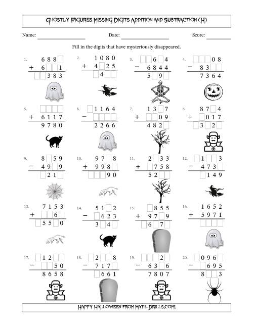 The Ghostly Figures Missing Digits Addition and Subtraction (Harder Version) (H) Math Worksheet