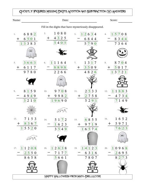 The Ghostly Figures Missing Digits Addition and Subtraction (Harder Version) (H) Math Worksheet Page 2