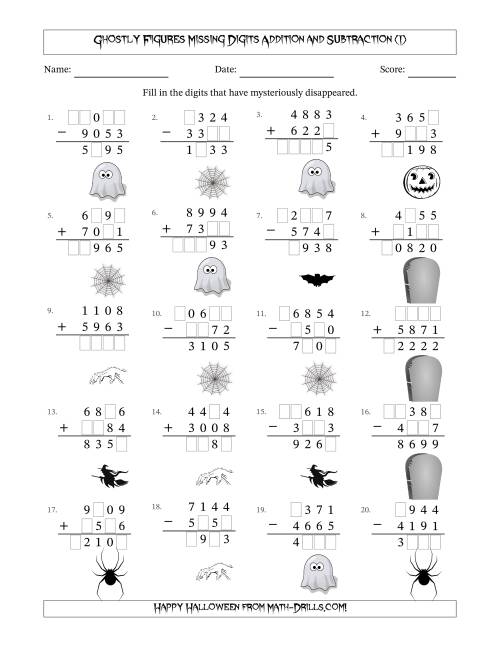 The Ghostly Figures Missing Digits Addition and Subtraction (Harder Version) (I) Math Worksheet