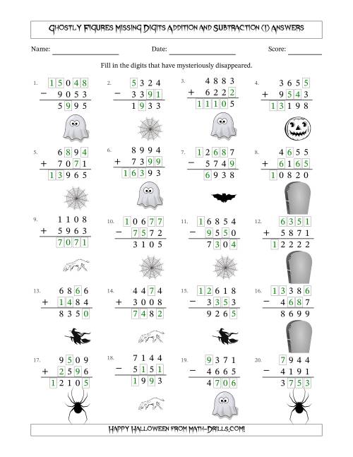The Ghostly Figures Missing Digits Addition and Subtraction (Harder Version) (I) Math Worksheet Page 2