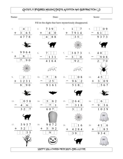 The Ghostly Figures Missing Digits Addition and Subtraction (Harder Version) (J) Math Worksheet