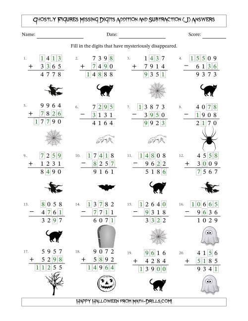 The Ghostly Figures Missing Digits Addition and Subtraction (Harder Version) (J) Math Worksheet Page 2
