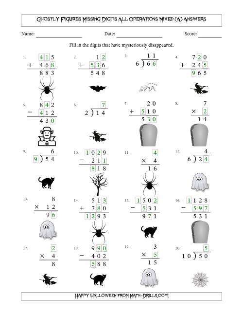 The Ghostly Figures Missing Digits All Operations Mixed (Easier Version) (A) Math Worksheet Page 2