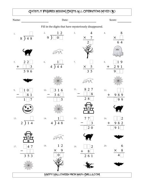 The Ghostly Figures Missing Digits All Operations Mixed (Easier Version) (B) Math Worksheet