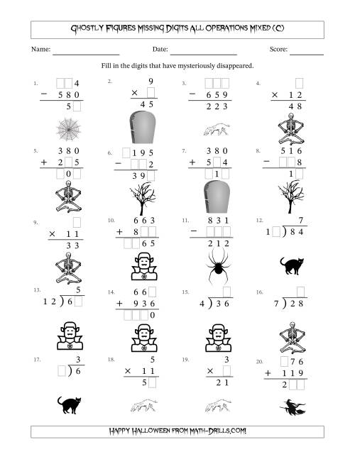 The Ghostly Figures Missing Digits All Operations Mixed (Easier Version) (C) Math Worksheet
