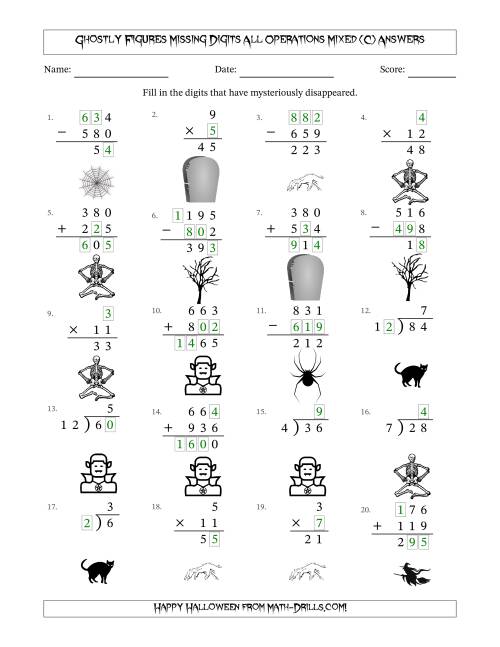 The Ghostly Figures Missing Digits All Operations Mixed (Easier Version) (C) Math Worksheet Page 2