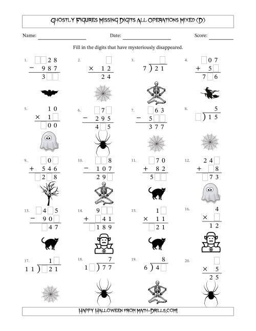 The Ghostly Figures Missing Digits All Operations Mixed (Easier Version) (D) Math Worksheet