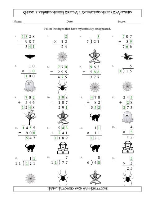 The Ghostly Figures Missing Digits All Operations Mixed (Easier Version) (D) Math Worksheet Page 2