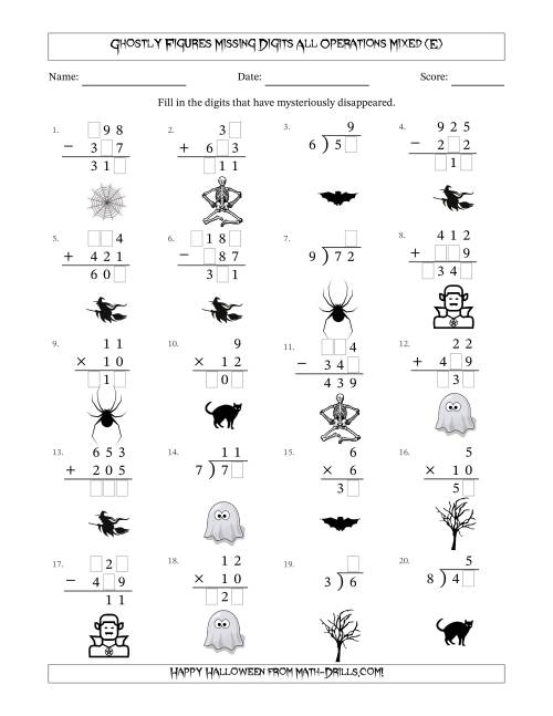 The Ghostly Figures Missing Digits All Operations Mixed (Easier Version) (E) Math Worksheet