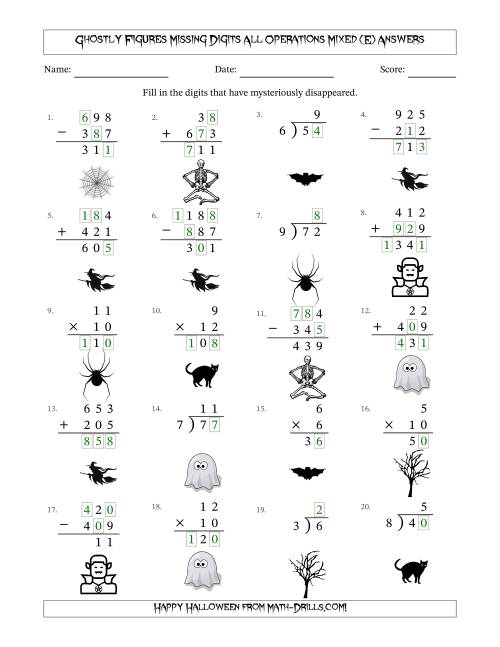 The Ghostly Figures Missing Digits All Operations Mixed (Easier Version) (E) Math Worksheet Page 2