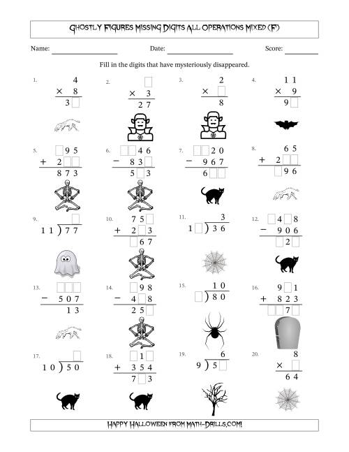 The Ghostly Figures Missing Digits All Operations Mixed (Easier Version) (F) Math Worksheet