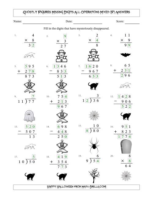 The Ghostly Figures Missing Digits All Operations Mixed (Easier Version) (F) Math Worksheet Page 2