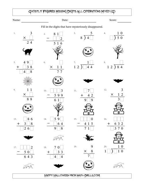 The Ghostly Figures Missing Digits All Operations Mixed (Easier Version) (G) Math Worksheet