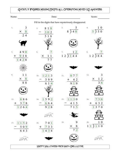 The Ghostly Figures Missing Digits All Operations Mixed (Easier Version) (G) Math Worksheet Page 2