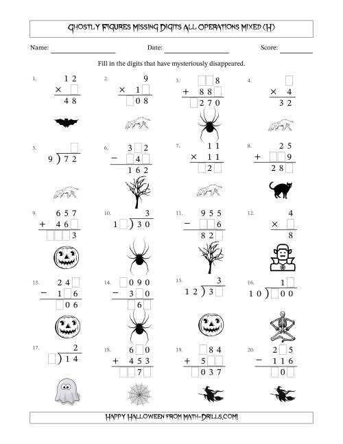 The Ghostly Figures Missing Digits All Operations Mixed (Easier Version) (H) Math Worksheet