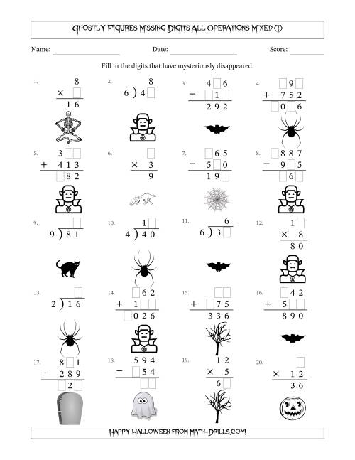 The Ghostly Figures Missing Digits All Operations Mixed (Easier Version) (I) Math Worksheet
