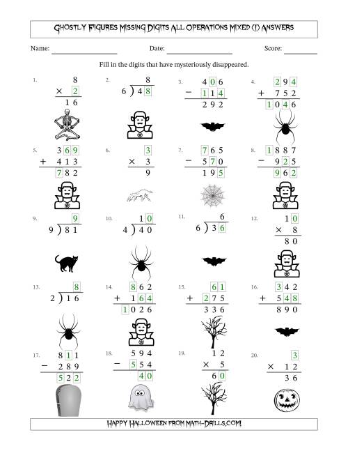 The Ghostly Figures Missing Digits All Operations Mixed (Easier Version) (I) Math Worksheet Page 2