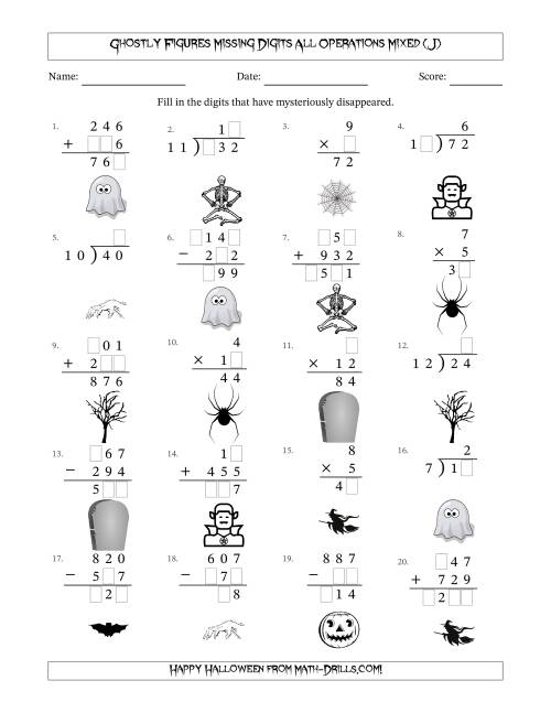 The Ghostly Figures Missing Digits All Operations Mixed (Easier Version) (J) Math Worksheet