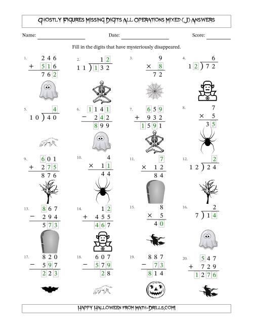 The Ghostly Figures Missing Digits All Operations Mixed (Easier Version) (J) Math Worksheet Page 2