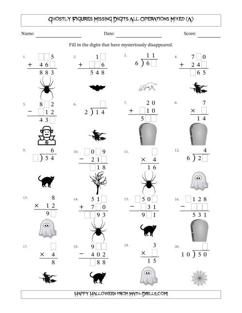 The Ghostly Figures Missing Digits All Operations Mixed (Easier Version) (All) Math Worksheet