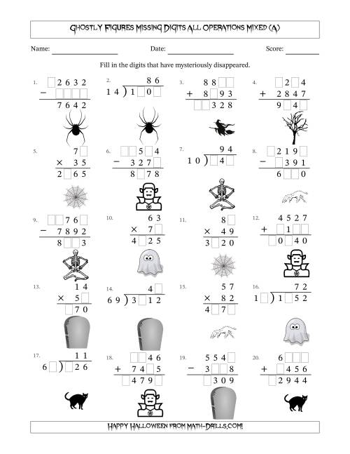 The Ghostly Figures Missing Digits All Operations Mixed (Harder Version) (A) Math Worksheet