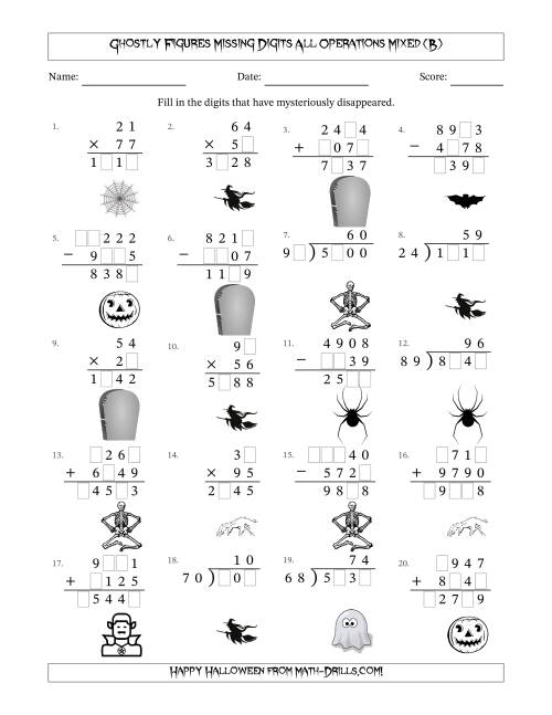 The Ghostly Figures Missing Digits All Operations Mixed (Harder Version) (B) Math Worksheet