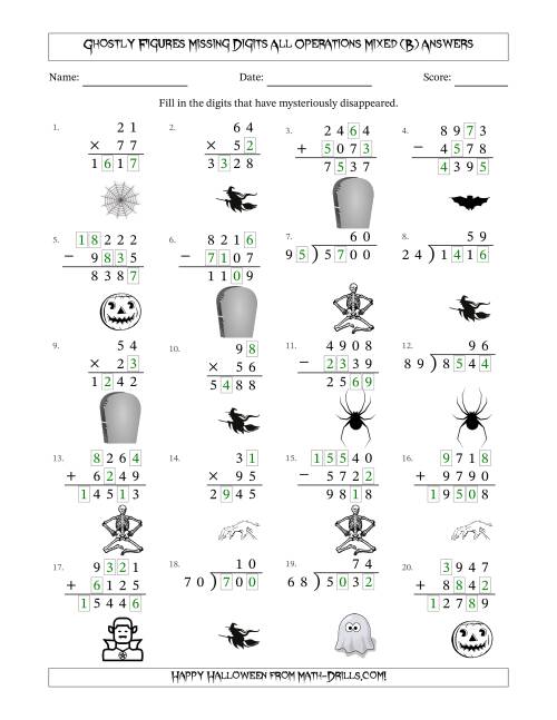 The Ghostly Figures Missing Digits All Operations Mixed (Harder Version) (B) Math Worksheet Page 2