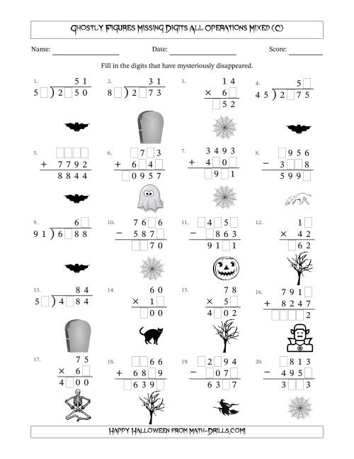 The Ghostly Figures Missing Digits All Operations Mixed (Harder Version) (C) Math Worksheet