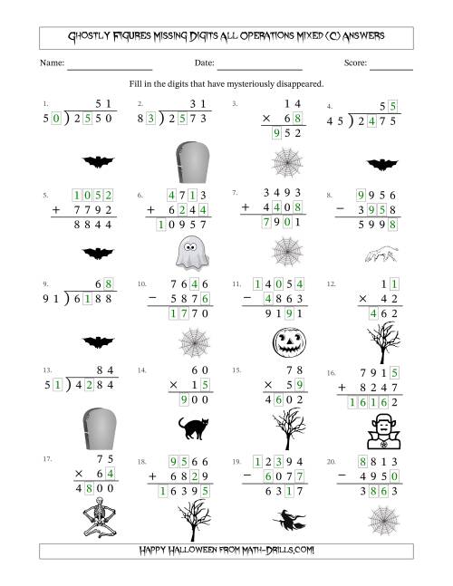 The Ghostly Figures Missing Digits All Operations Mixed (Harder Version) (C) Math Worksheet Page 2