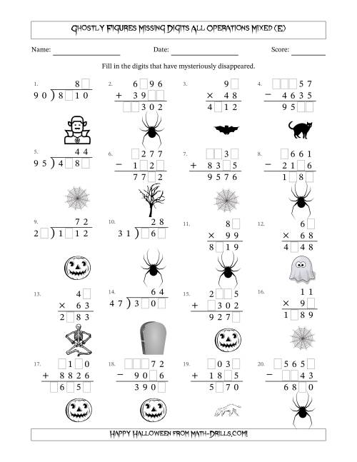 The Ghostly Figures Missing Digits All Operations Mixed (Harder Version) (E) Math Worksheet