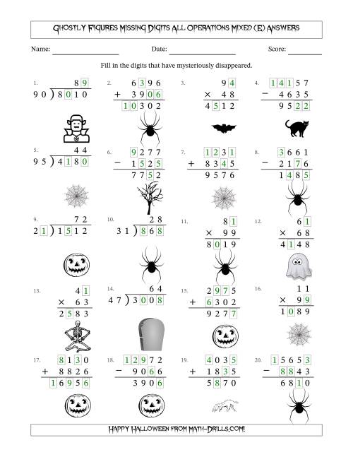 The Ghostly Figures Missing Digits All Operations Mixed (Harder Version) (E) Math Worksheet Page 2