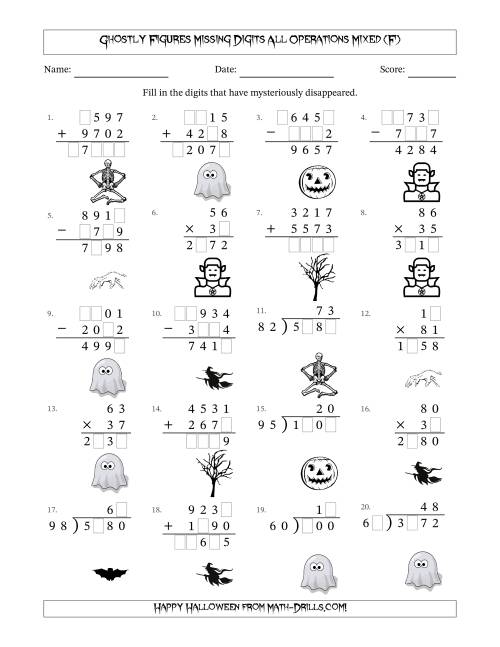 The Ghostly Figures Missing Digits All Operations Mixed (Harder Version) (F) Math Worksheet