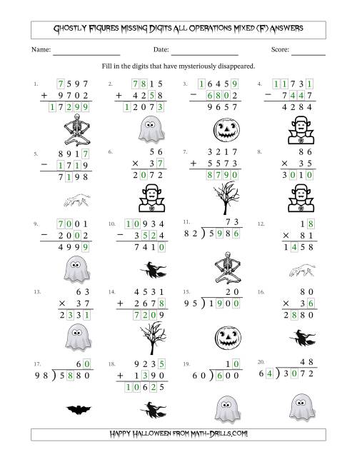 The Ghostly Figures Missing Digits All Operations Mixed (Harder Version) (F) Math Worksheet Page 2
