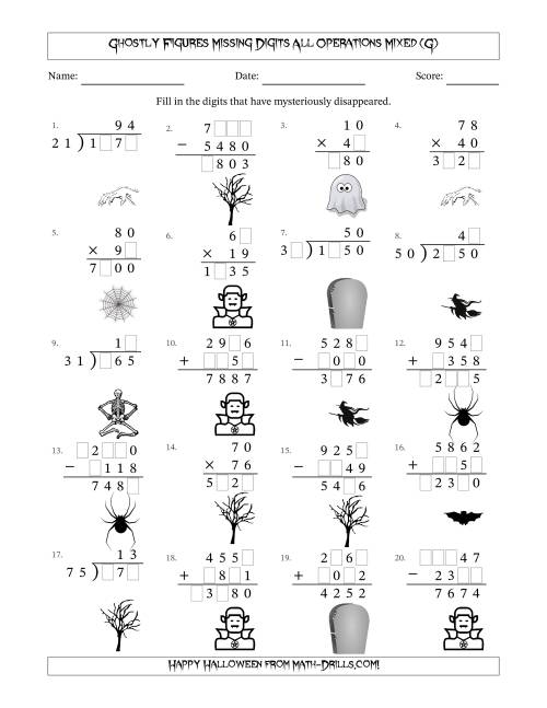 The Ghostly Figures Missing Digits All Operations Mixed (Harder Version) (G) Math Worksheet