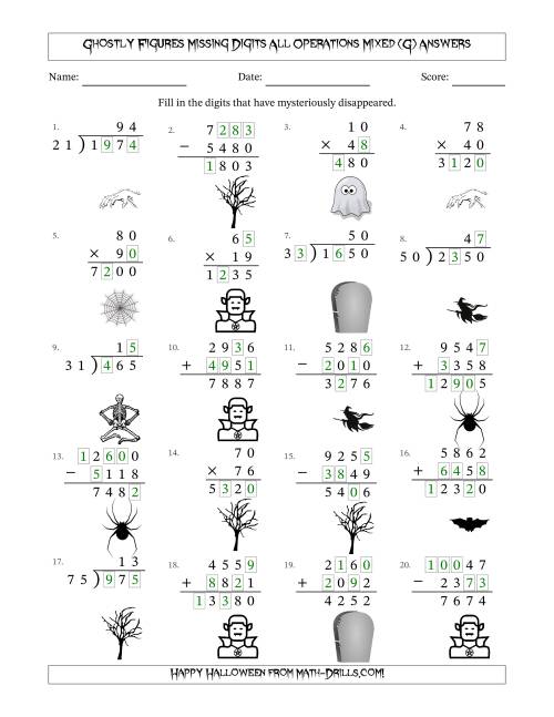 The Ghostly Figures Missing Digits All Operations Mixed (Harder Version) (G) Math Worksheet Page 2