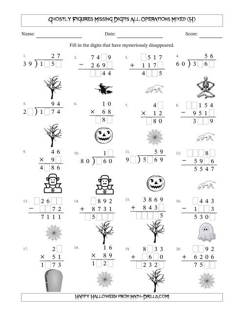The Ghostly Figures Missing Digits All Operations Mixed (Harder Version) (H) Math Worksheet