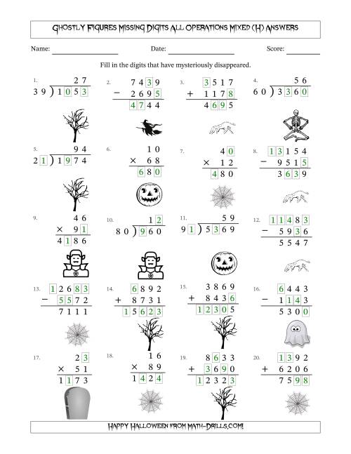 The Ghostly Figures Missing Digits All Operations Mixed (Harder Version) (H) Math Worksheet Page 2