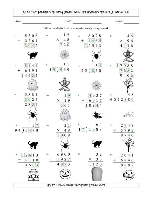 The Ghostly Figures Missing Digits All Operations Mixed (Harder Version) (J) Math Worksheet Page 2