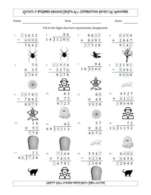 The Ghostly Figures Missing Digits All Operations Mixed (Harder Version) (All) Math Worksheet Page 2
