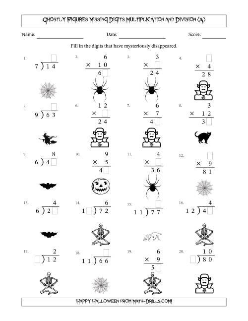 The Ghostly Figures Missing Digits Multiplication and Division (Easier Version) (A) Math Worksheet