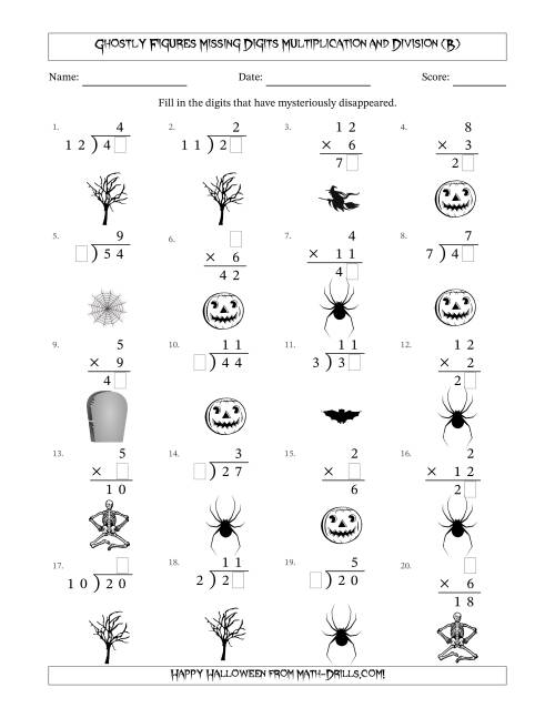 The Ghostly Figures Missing Digits Multiplication and Division (Easier Version) (B) Math Worksheet