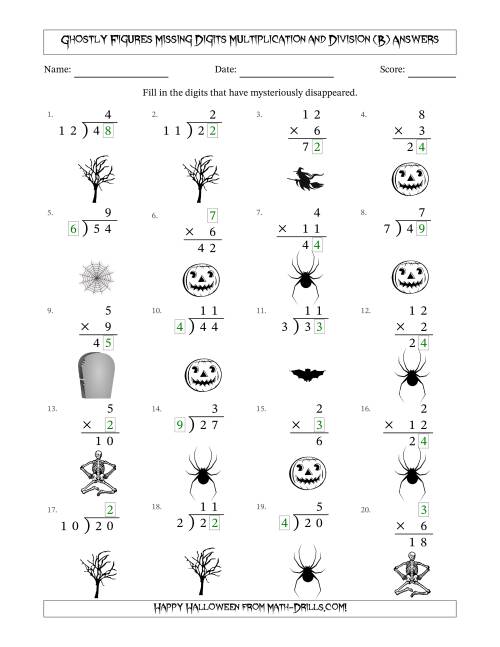The Ghostly Figures Missing Digits Multiplication and Division (Easier Version) (B) Math Worksheet Page 2
