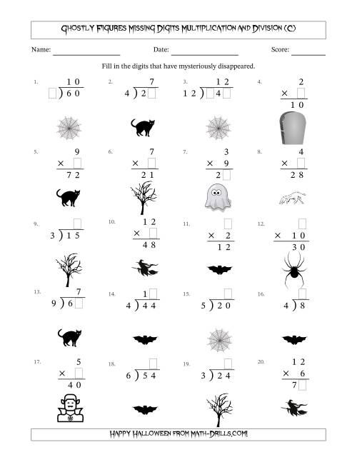 The Ghostly Figures Missing Digits Multiplication and Division (Easier Version) (C) Math Worksheet