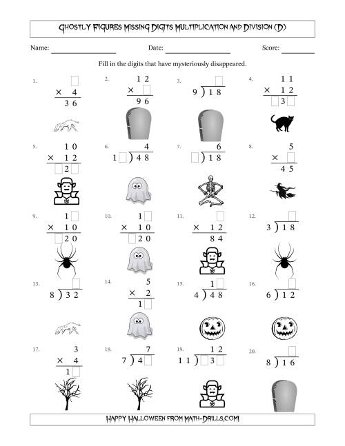 The Ghostly Figures Missing Digits Multiplication and Division (Easier Version) (D) Math Worksheet
